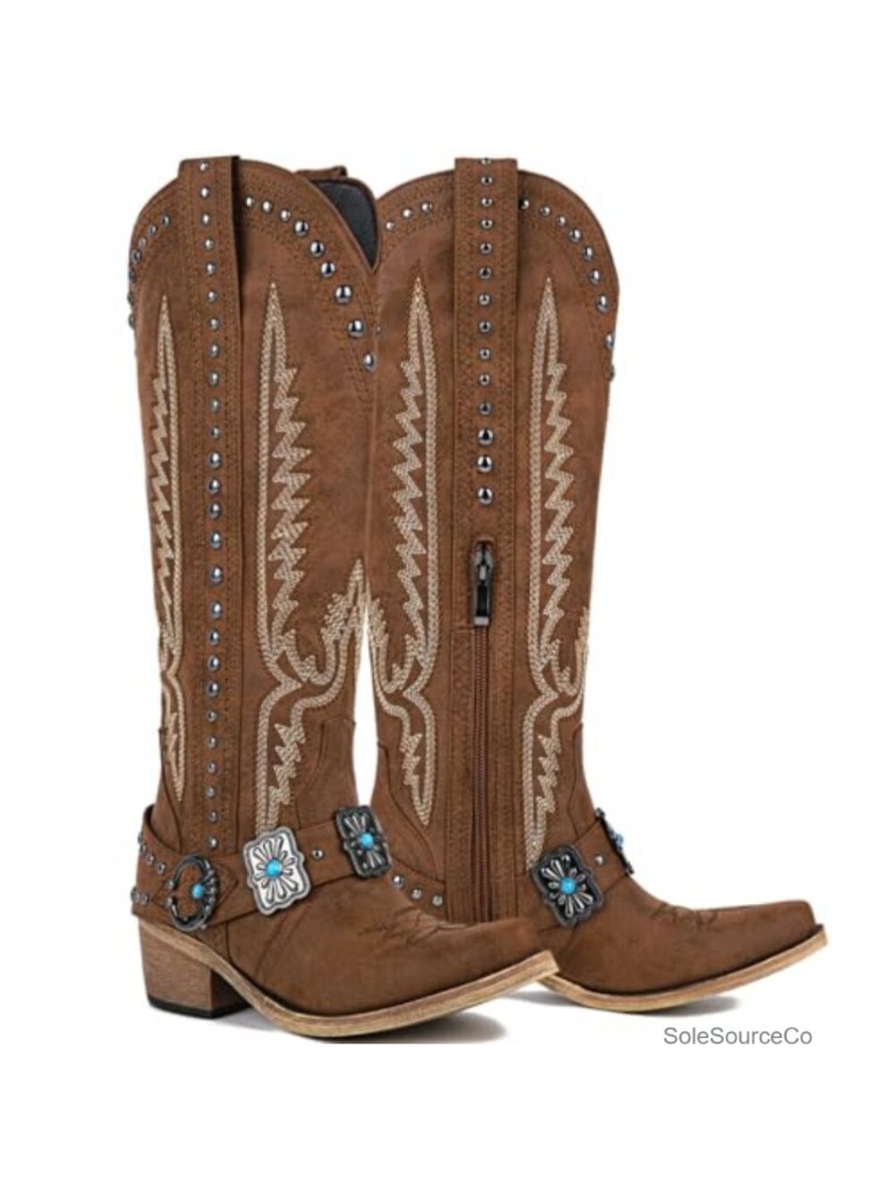 Knee High Leather Cowboy Boots with Buckle Chain, Square Toe, 2" Heel